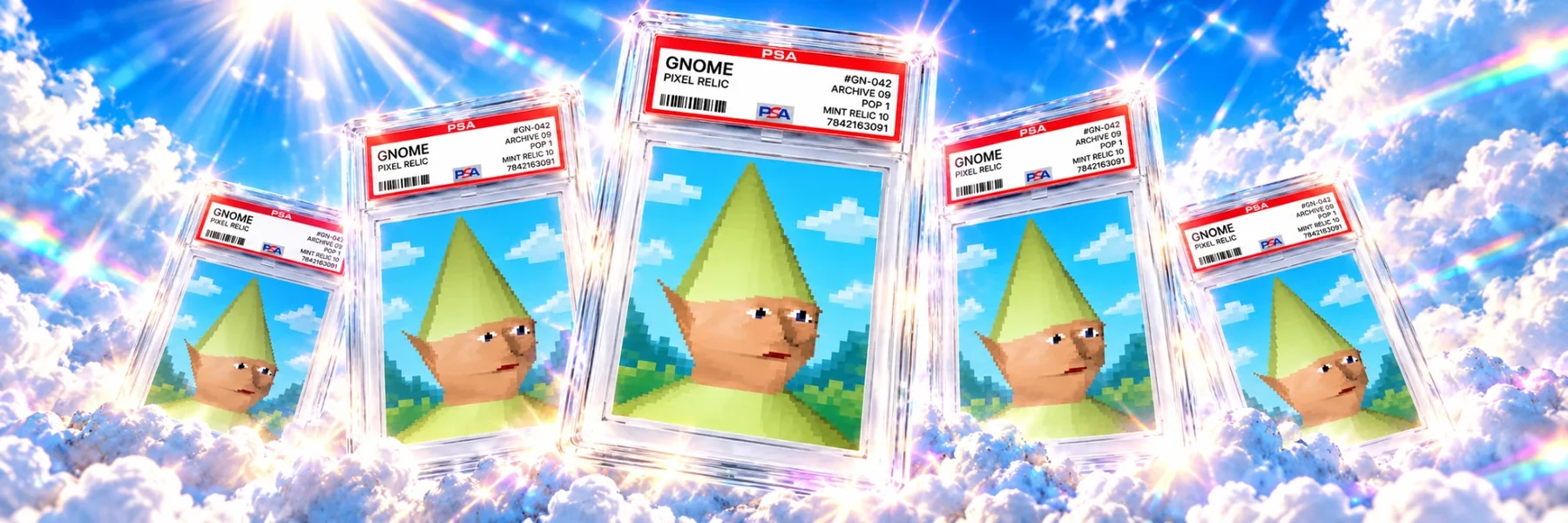 Five graded gnome cards rising out of sunlit clouds
